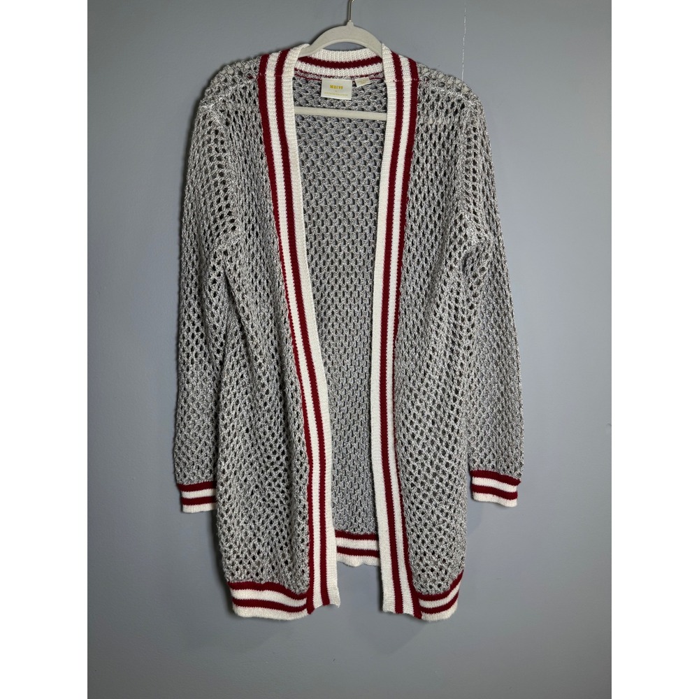 Maeve Anthropologie Open Knit Cardigan Sweater Long Sleeve Maroon White Stripe‎